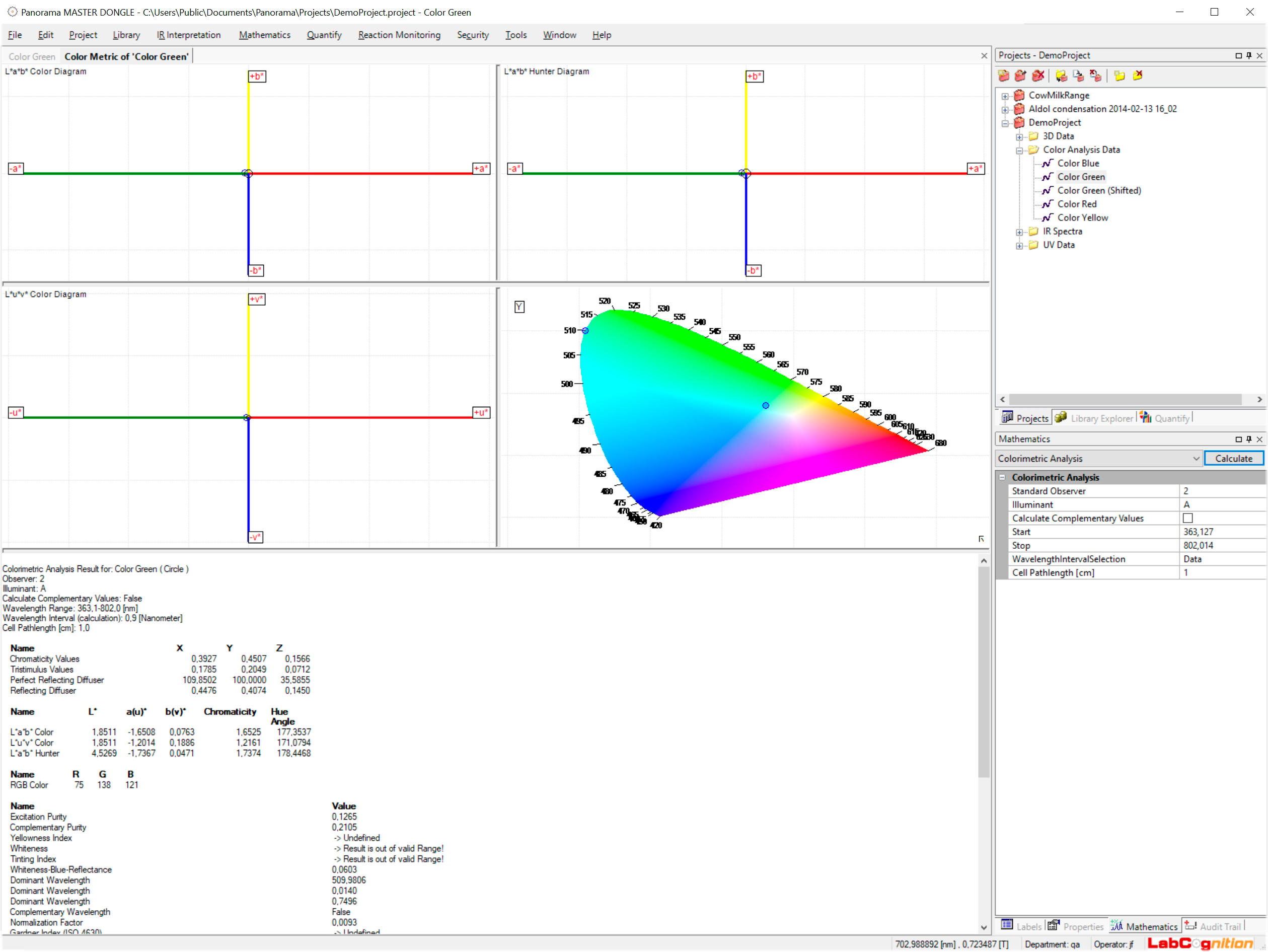 Software Oberfläche des Zusatmoduls für Farbanalyse